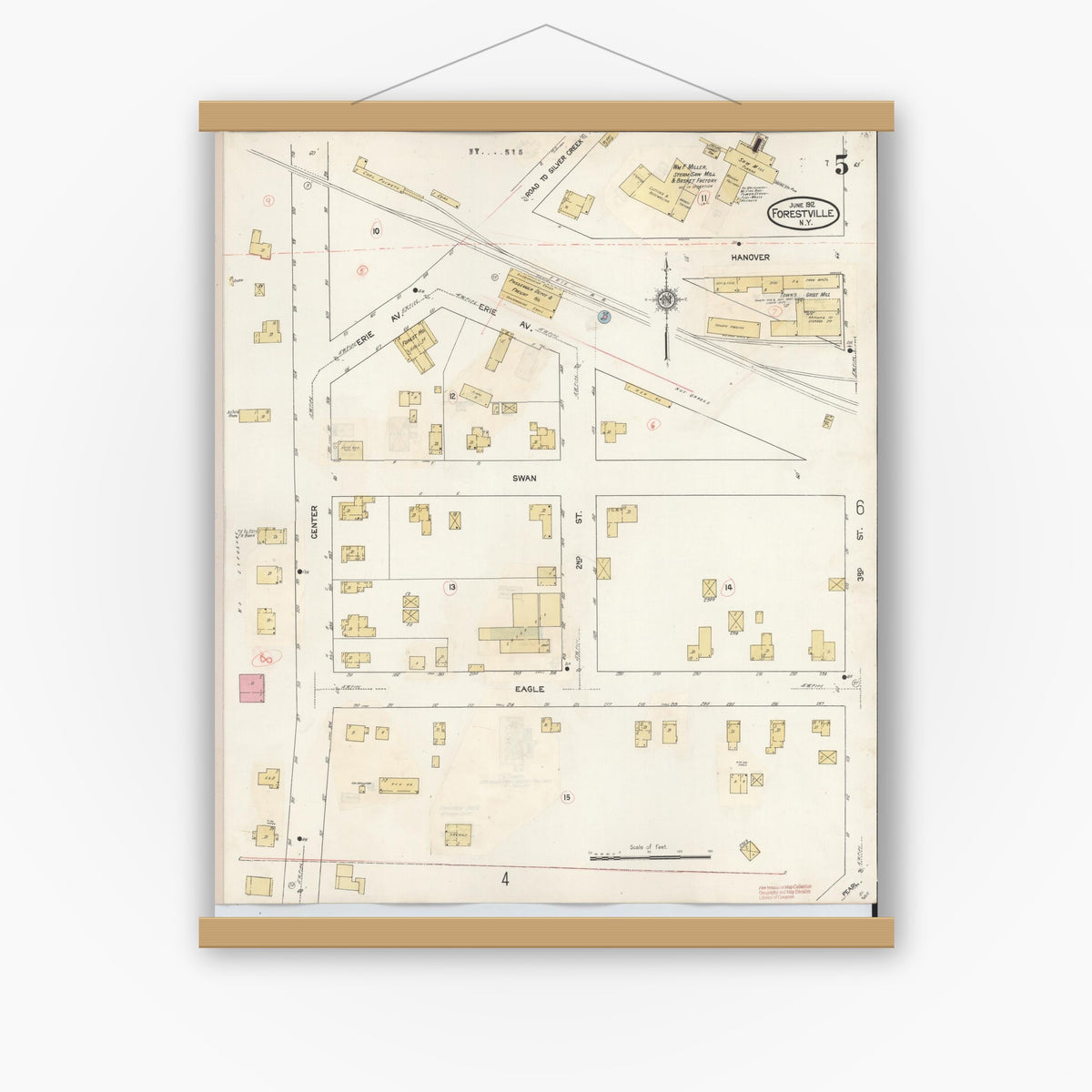 Old map wall art mockup — magnetic wood frame on white wall — Sanborn Fire Insurance Map from Forestville, Chautauqua County, New York (1941), Sheet #0005