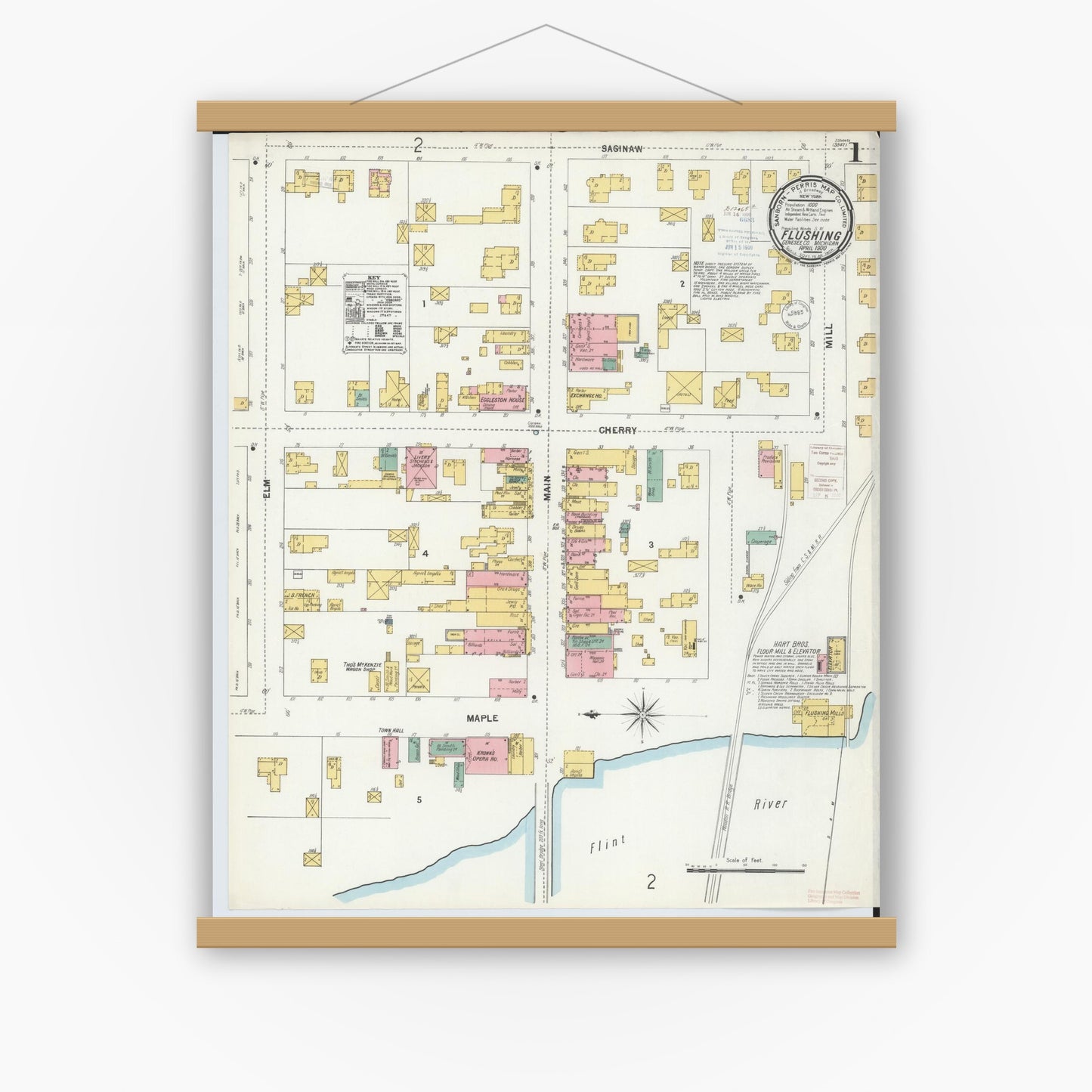 Old map wall art mockup — magnetic wood frame on white wall — Sanborn Fire Insurance Map from Flushing, Genesee County, Michigan (1900), Sheet #0001