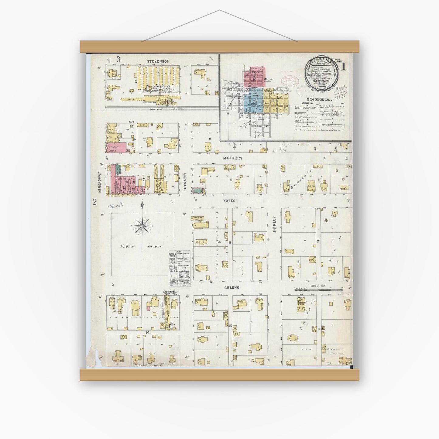 Old map wall art mockup — magnetic wood frame on white wall — Sanborn Fire Insurance Map from Newman, Douglas County, Illinois (1898) - Complete Map Set