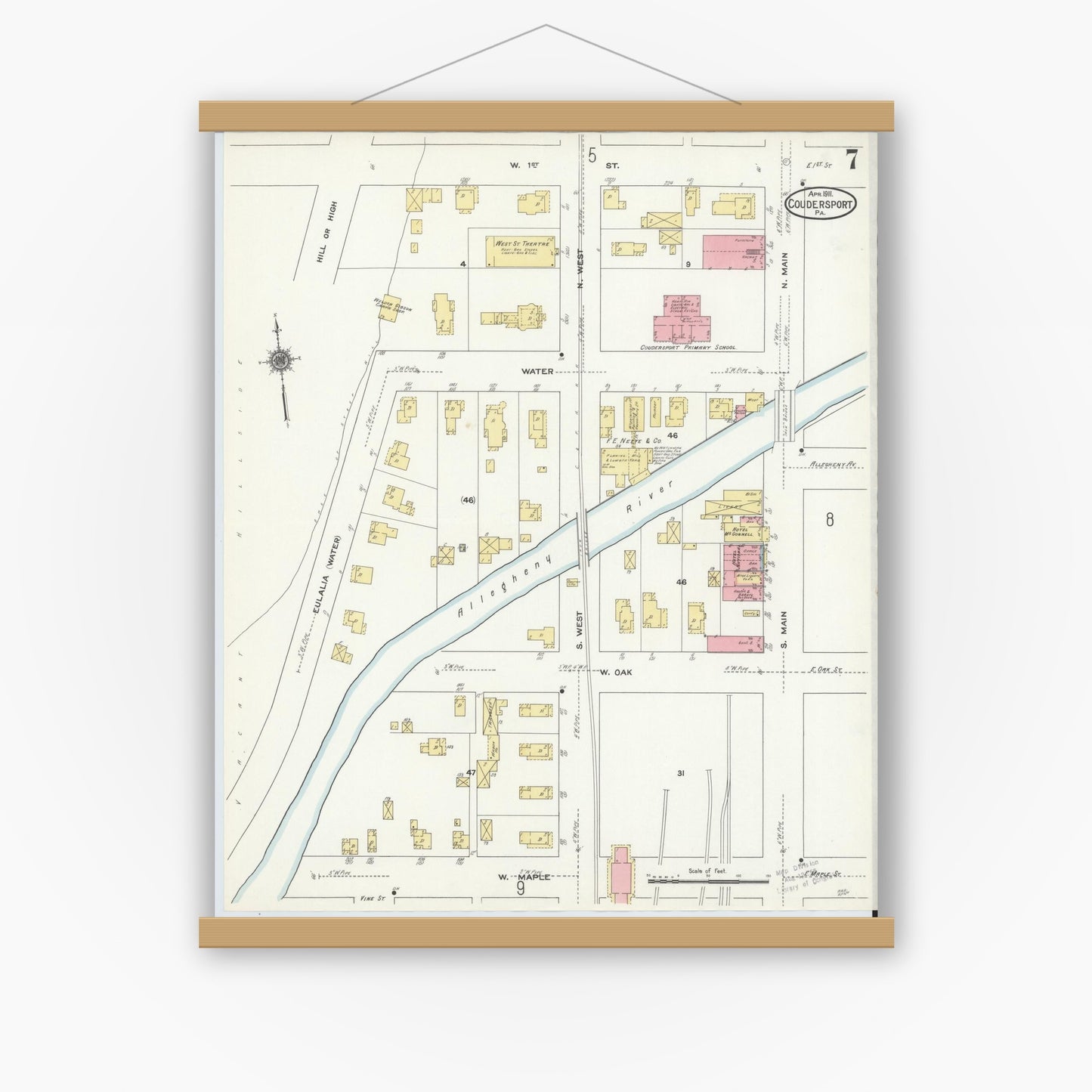 Old map wall art mockup — magnetic wood frame on white wall — Sanborn Fire Insurance Map from Coudersport, Potter County, Pennsylvania (1911), Sheet #0007
