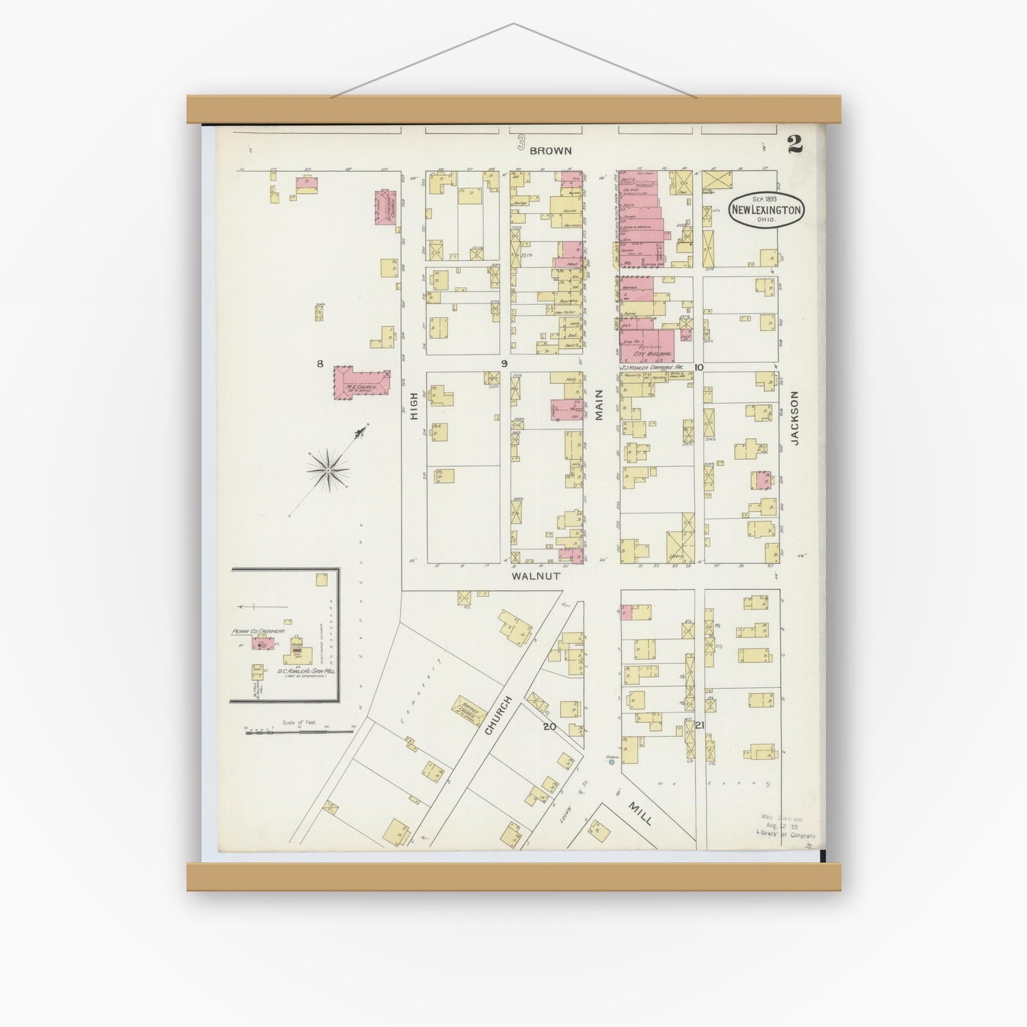 Old map wall art mockup — magnetic wood frame on white wall — Sanborn Fire Insurance Map from New Lexington, Perry County, Ohio (1893), Sheet #0002