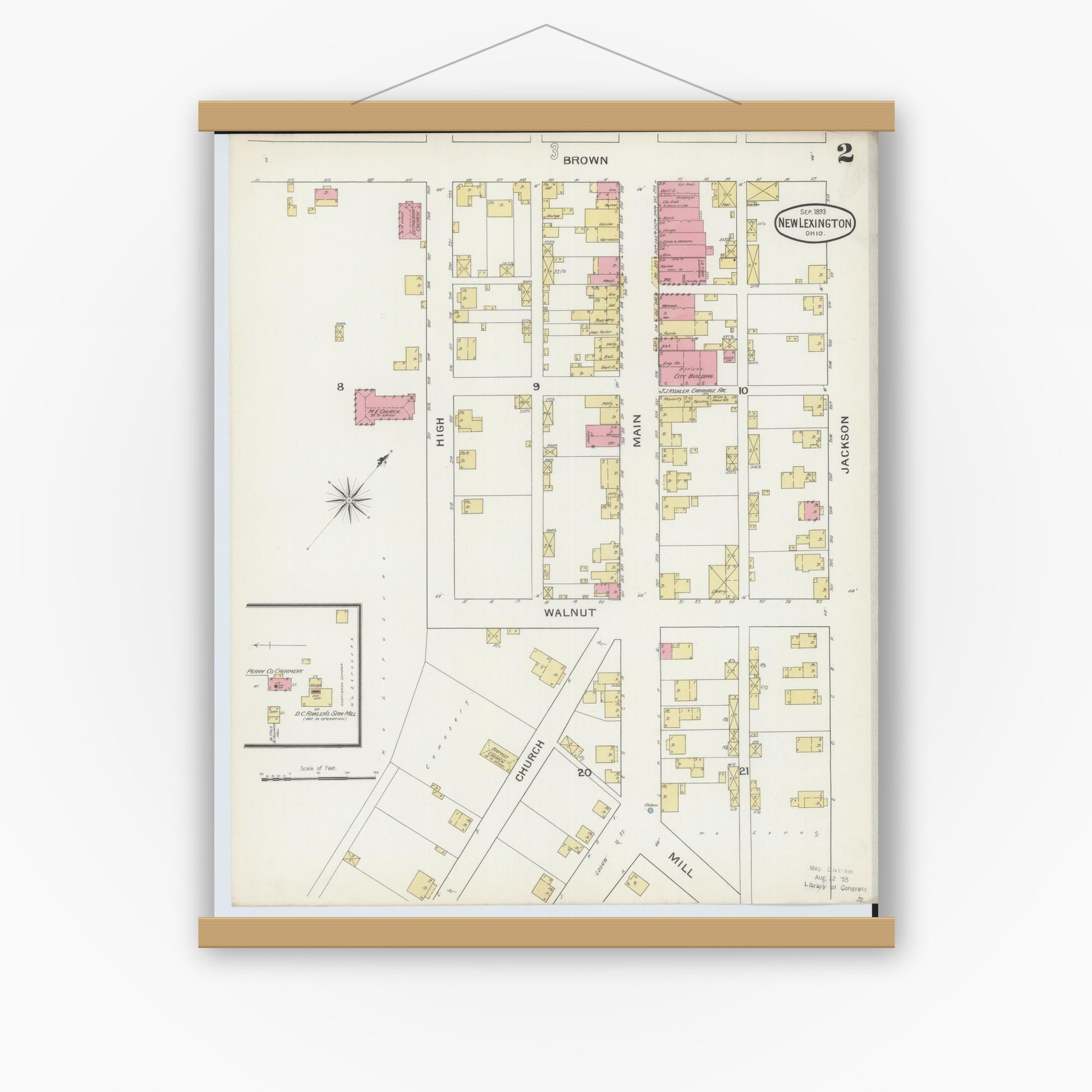 Old map wall art mockup — magnetic wood frame on white wall — Sanborn Fire Insurance Map from New Lexington, Perry County, Ohio (1893), Sheet #0002
