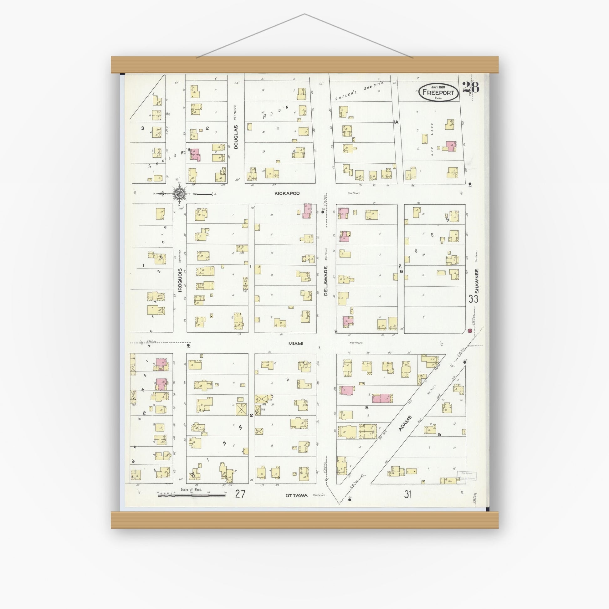 Old map wall art mockup — magnetic wood frame on white wall — Sanborn Fire Insurance Map from Freeport, Stephenson County, Illinois (1910), Sheet #0028