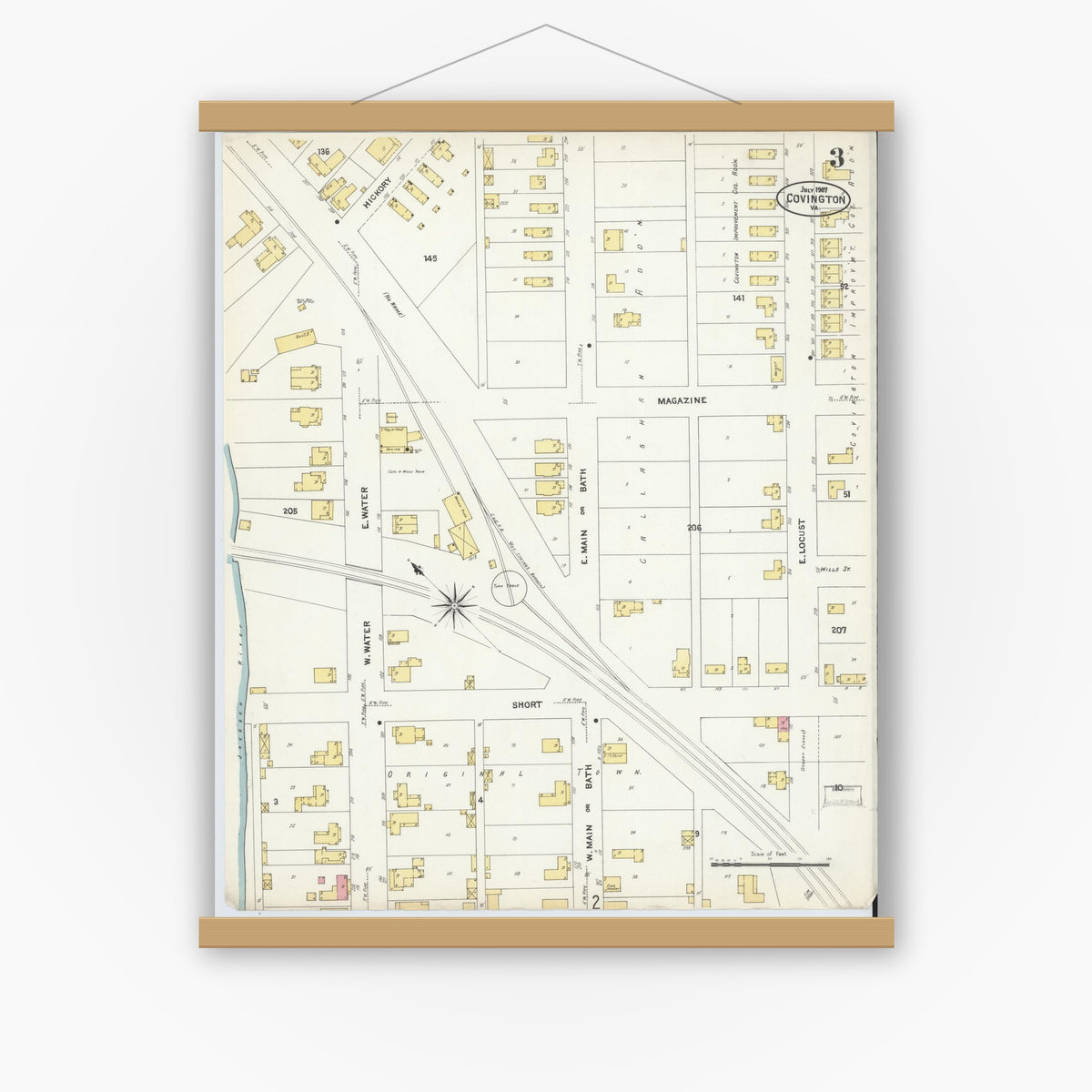 Old map wall art mockup — magnetic wood frame on white wall — Sanborn Fire Insurance Map from Covington, Independent Cities, Virginia (1907), Sheet #0003