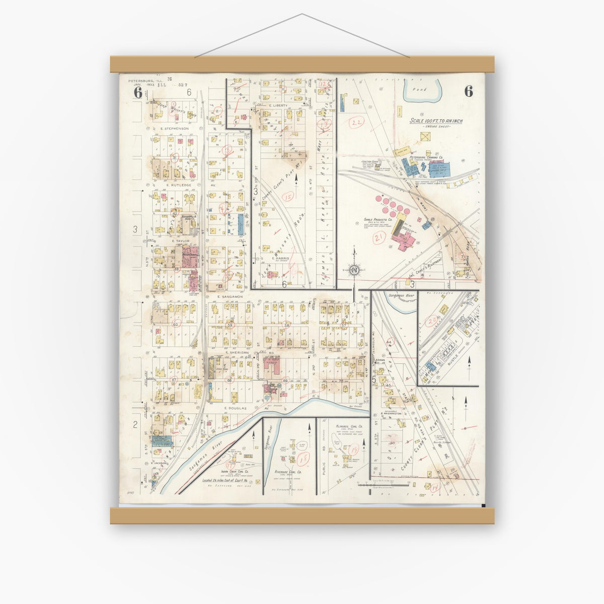 Old map wall art mockup — magnetic wood frame on white wall — Sanborn Fire Insurance Map from Petersburg, Menard County, Illinois (1943), Sheet #0006