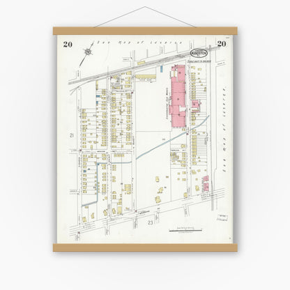 Old map wall art mockup — magnetic wood frame on white wall — Sanborn Fire Insurance Map from Kingston, Luzerne County, Pennsylvania (1925), Sheet #0020