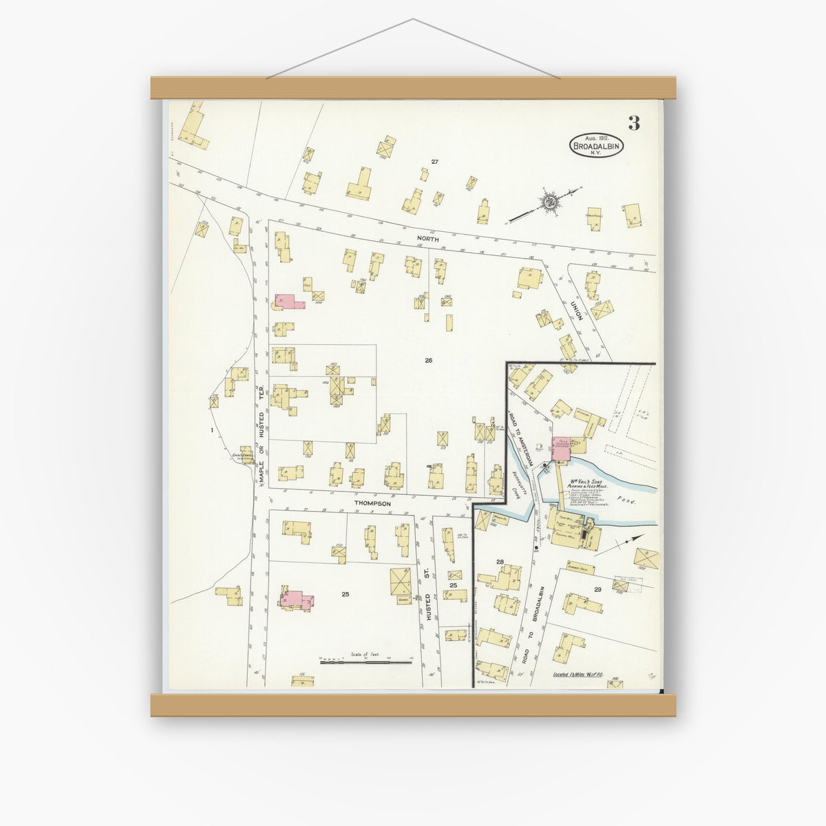 Old map wall art mockup — magnetic wood frame on white wall — Sanborn Fire Insurance Map from Broadalbin, Fulton County, New York (1912), Sheet #0003