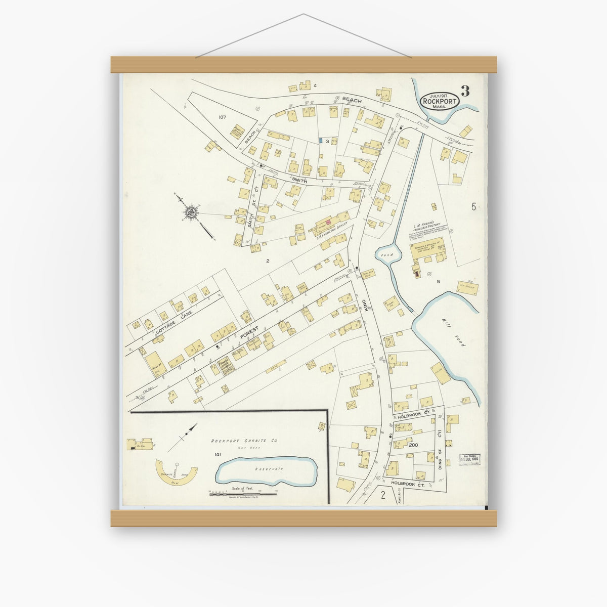 Old map wall art mockup — magnetic wood frame on white wall — Sanborn Fire Insurance Map from Rockport, Essex County, Massachusetts (1917), Sheet #0003