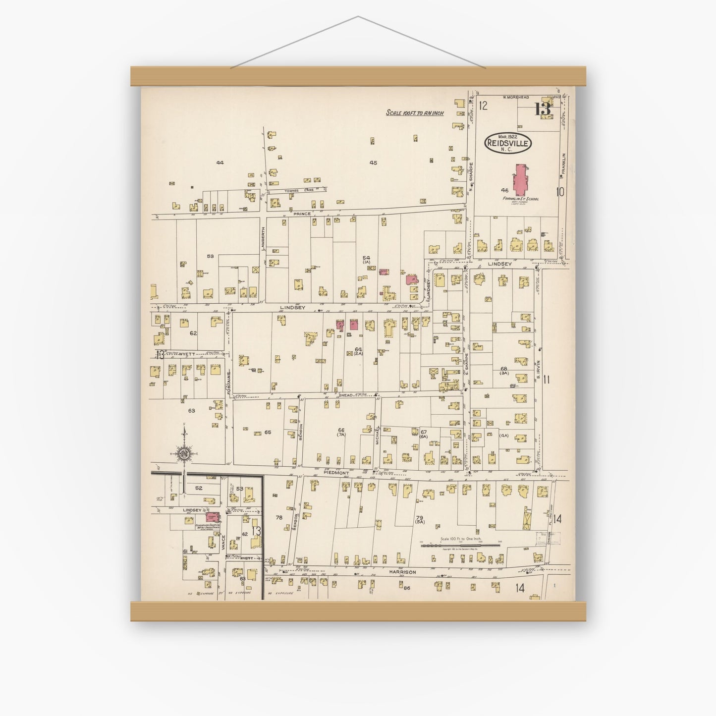 Old map wall art mockup — magnetic wood frame on white wall — Sanborn Fire Insurance Map from Reidsville, Rockingham County, North Carolina (1922), Sheet #0013
