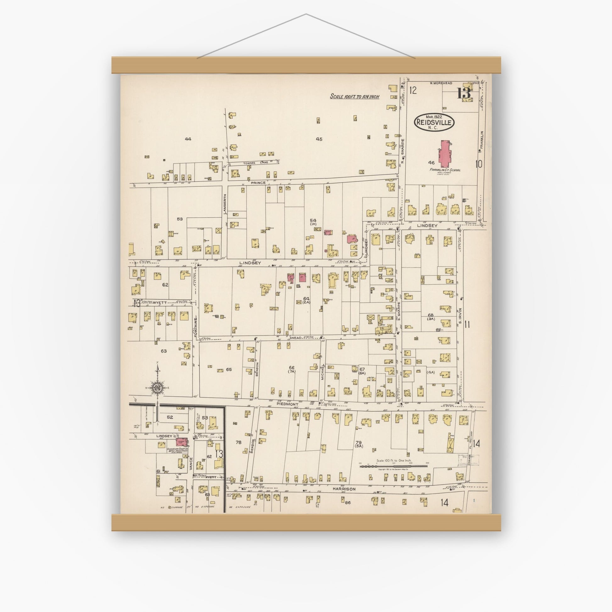Old map wall art mockup — magnetic wood frame on white wall — Sanborn Fire Insurance Map from Reidsville, Rockingham County, North Carolina (1922), Sheet #0013