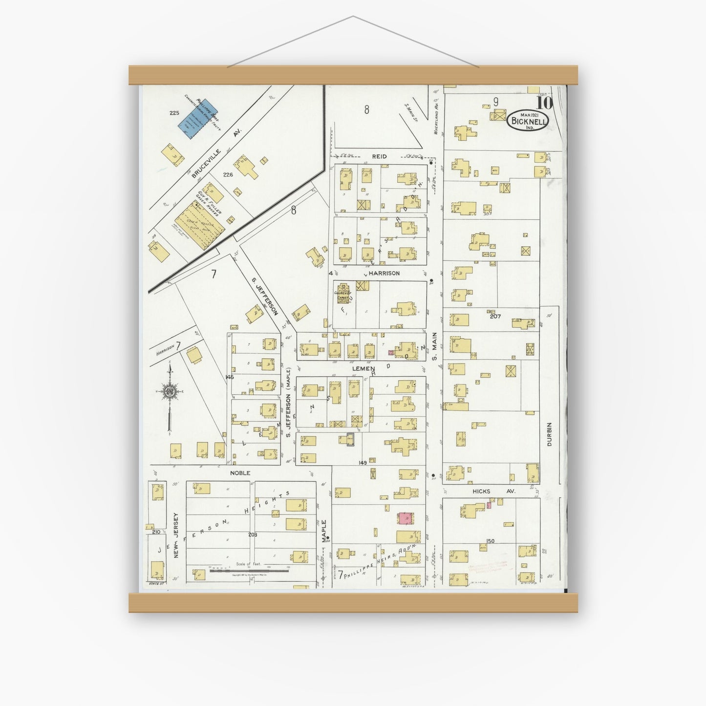 Old map wall art mockup — magnetic wood frame on white wall — Sanborn Fire Insurance Map from Bicknell, Knox County, Indiana (1921), Sheet #0010