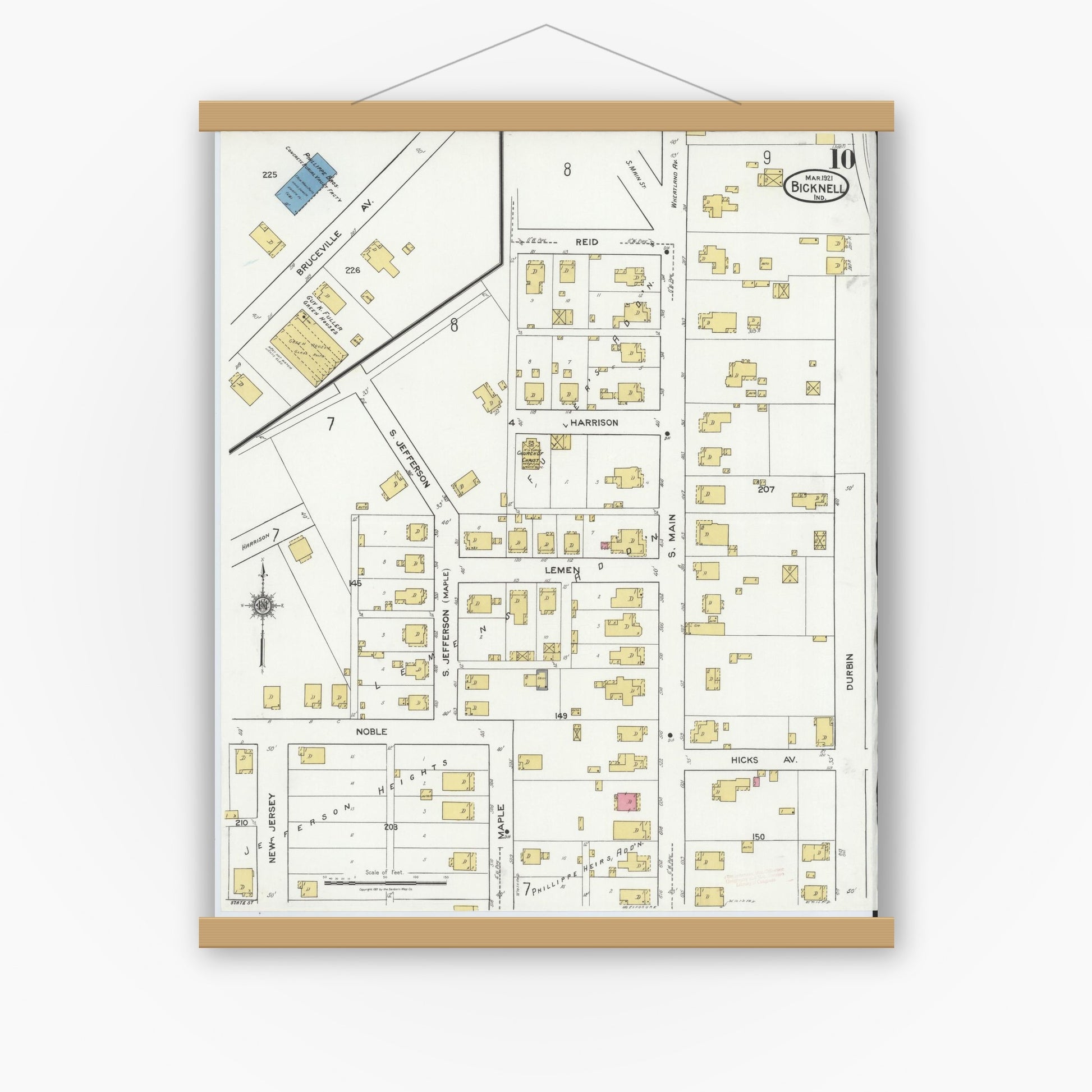 Old map wall art mockup — magnetic wood frame on white wall — Sanborn Fire Insurance Map from Bicknell, Knox County, Indiana (1921), Sheet #0010
