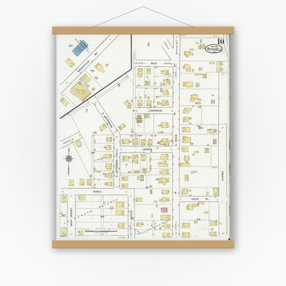 Old map wall art mockup — magnetic wood frame on white wall — Sanborn Fire Insurance Map from Bicknell, Knox County, Indiana (1921), Sheet #0010