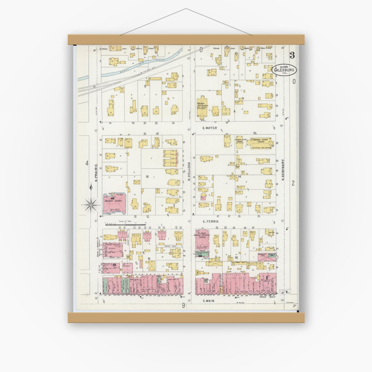 Old map wall art mockup — magnetic wood frame on white wall — Sanborn Fire Insurance Map from Galesburg, Knox County, Illinois (1898), Sheet #0003