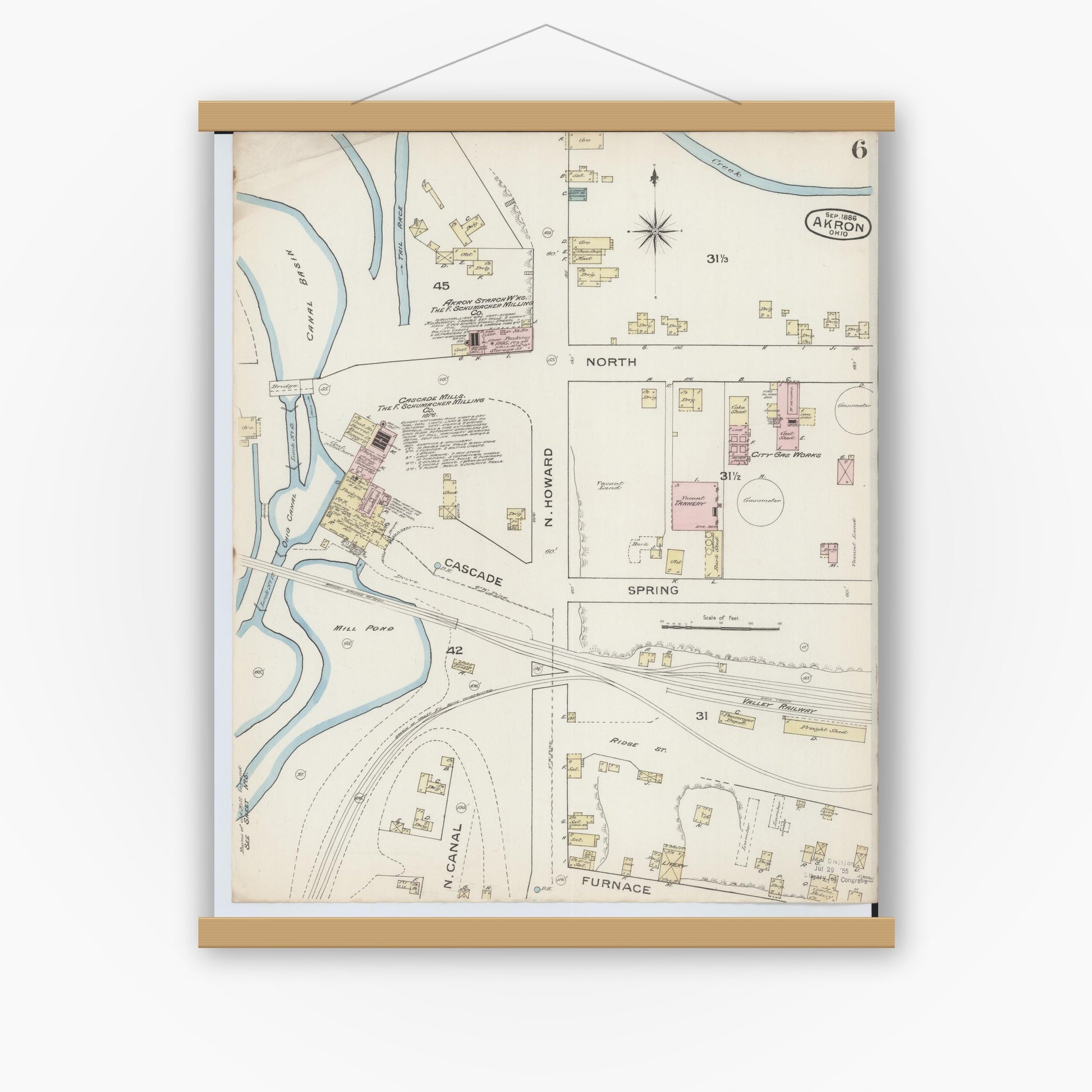 Old map wall art mockup — magnetic wood frame on white wall — Sanborn Fire Insurance Map from Akron, Summit County, Ohio (1886), Sheet #0006