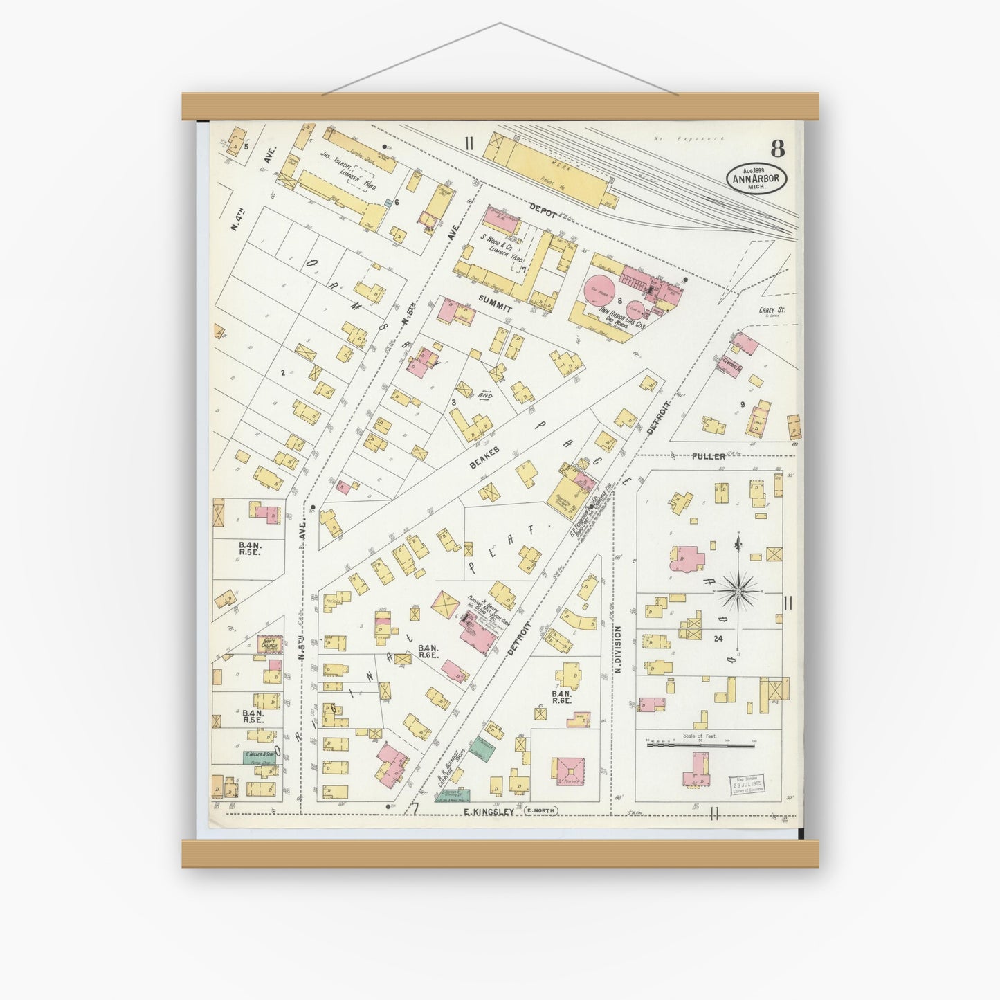 Old map wall art mockup — magnetic wood frame on white wall — Sanborn Fire Insurance Map from Ann Arbor, Washtenaw County, Michigan (1899), Sheet #0008