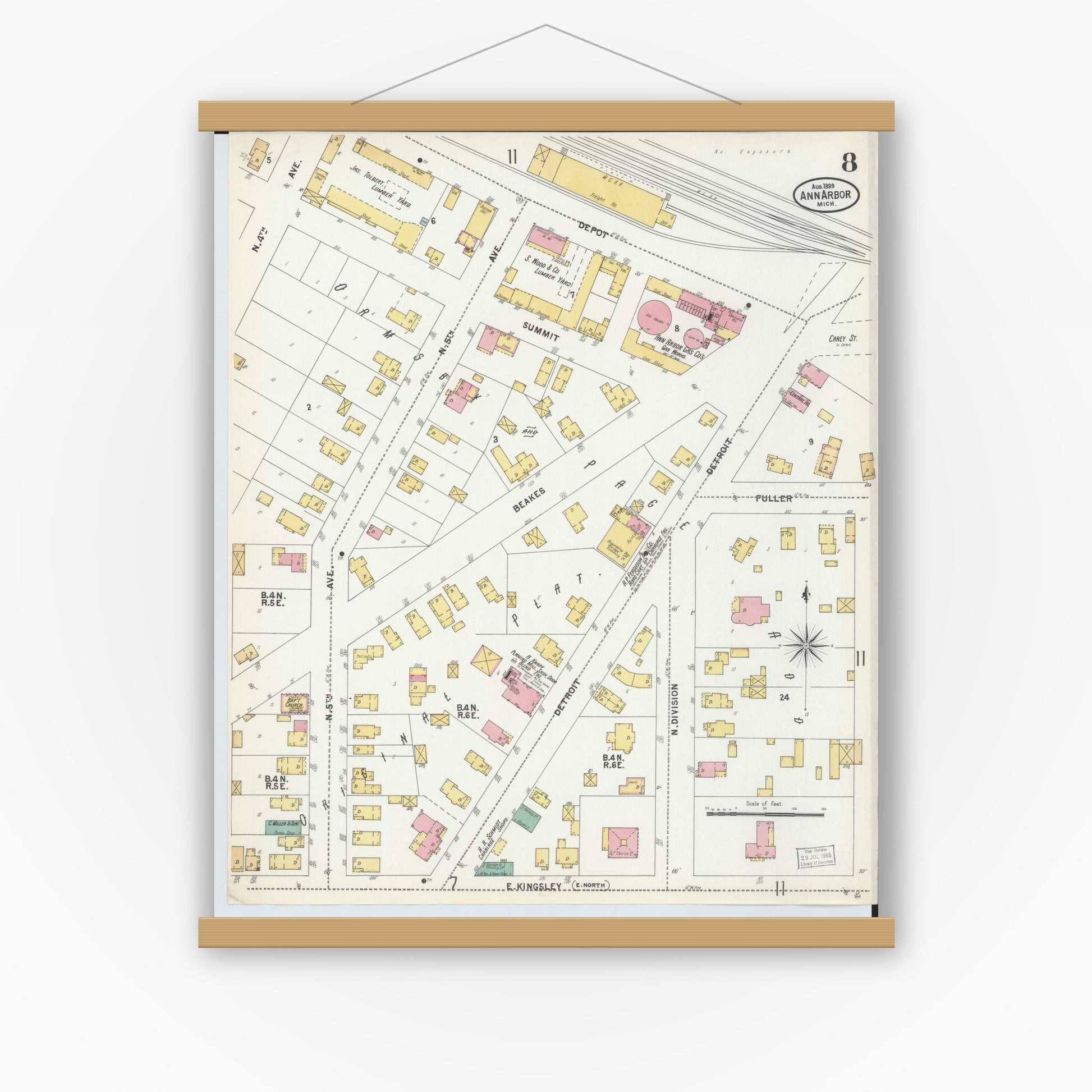 Old map wall art mockup — magnetic wood frame on white wall — Sanborn Fire Insurance Map from Ann Arbor, Washtenaw County, Michigan (1899), Sheet #0008