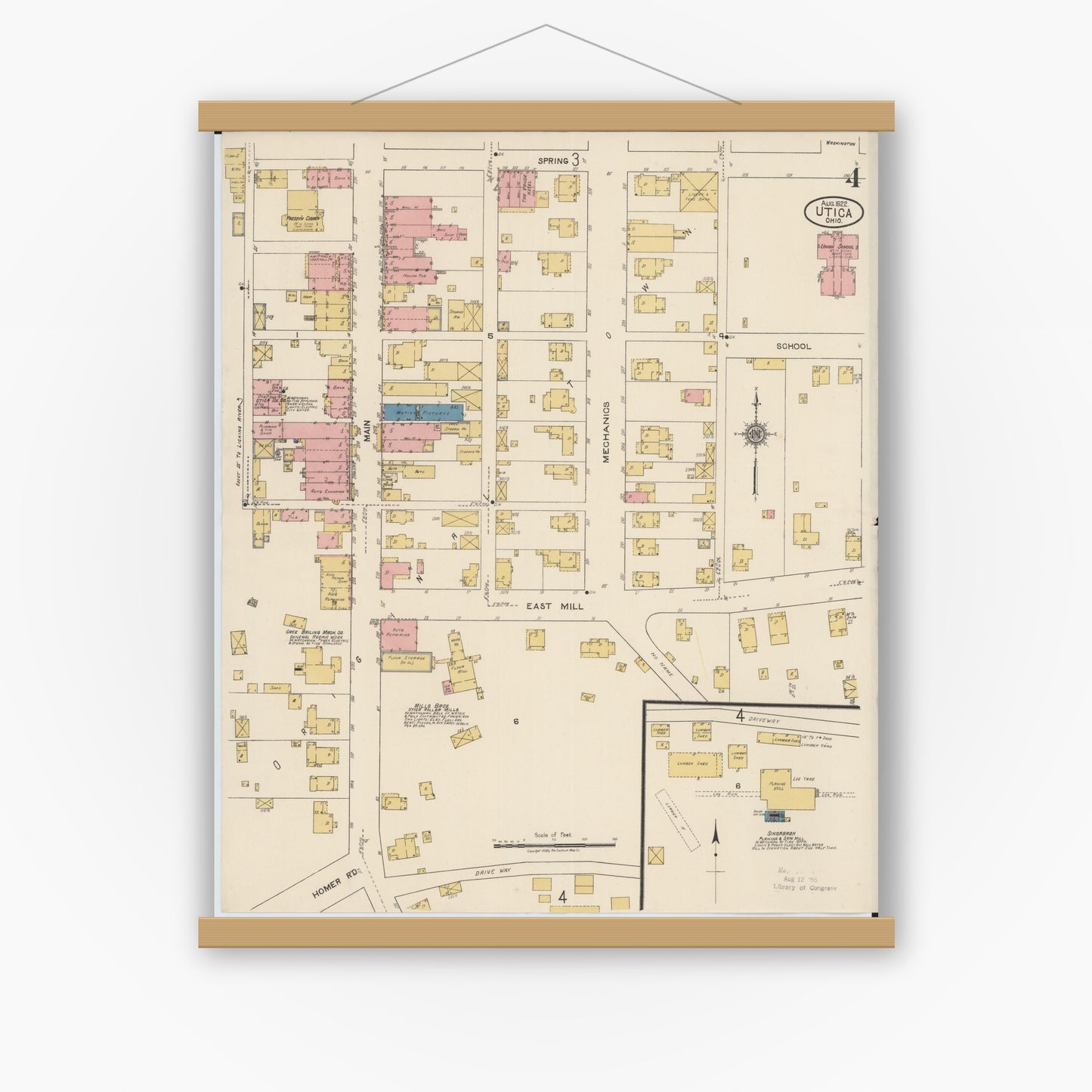 Old map wall art mockup — magnetic wood frame on white wall — Sanborn Fire Insurance Map from Utica, Licking County, Ohio (1922), Sheet #0004
