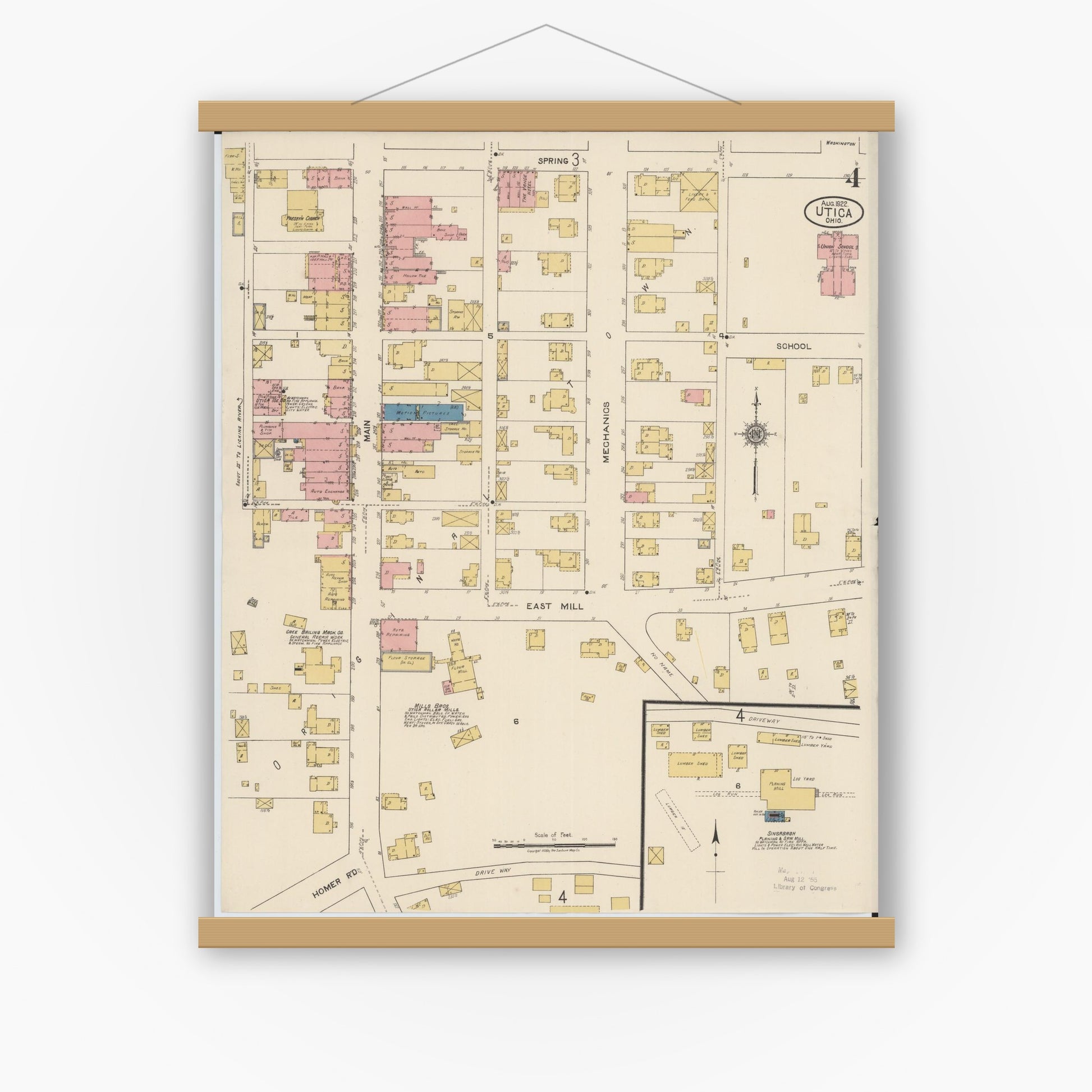 Old map wall art mockup — magnetic wood frame on white wall — Sanborn Fire Insurance Map from Utica, Licking County, Ohio (1922), Sheet #0004
