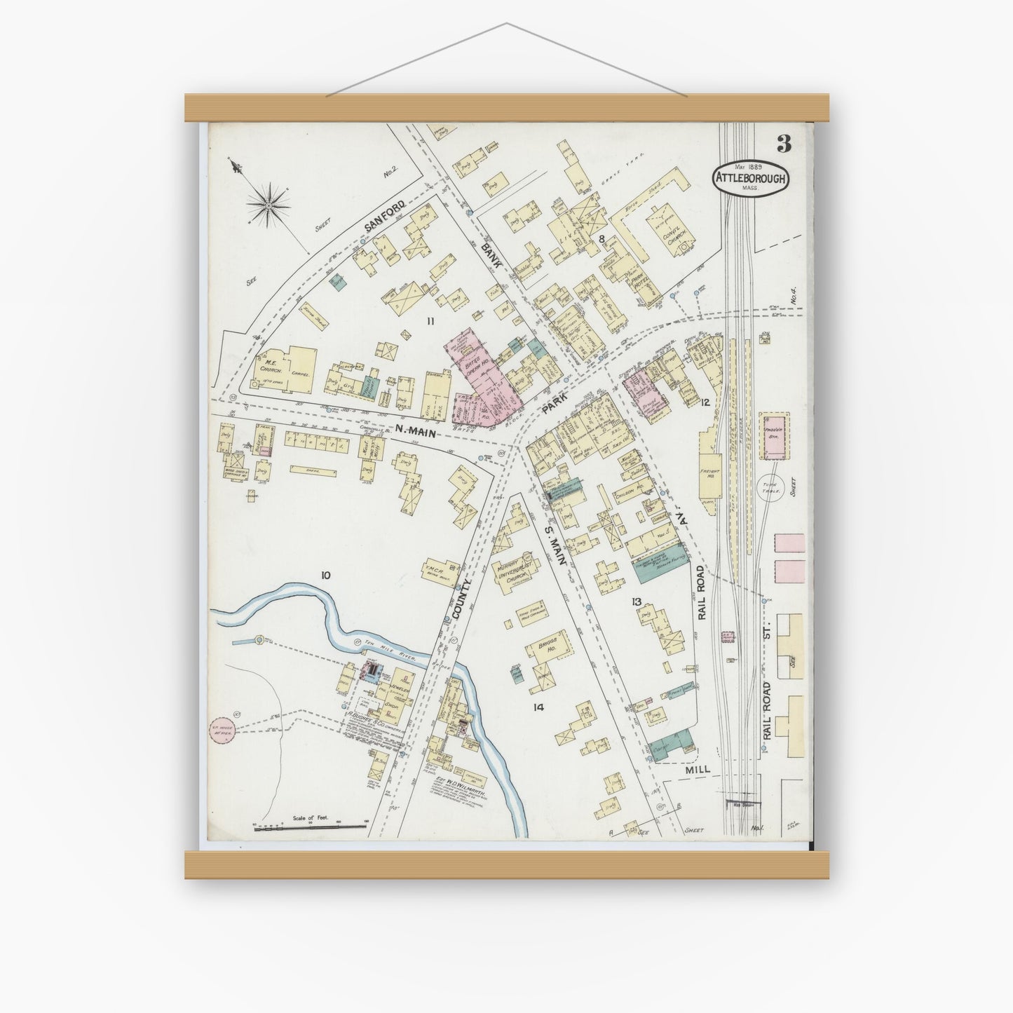 Old map wall art mockup — magnetic wood frame on white wall — Sanborn Fire Insurance Map from Attleboro, Bristol County, Massachusetts (1889), Sheet #0003