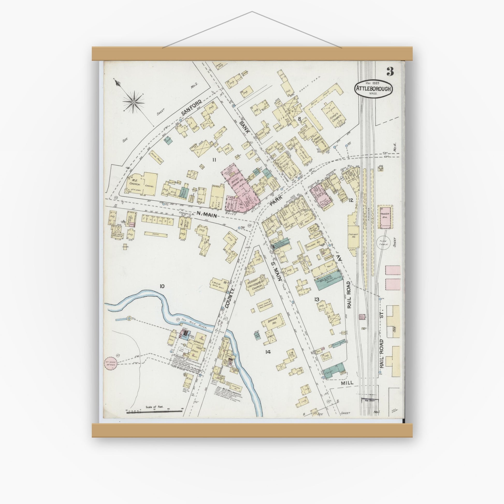 Old map wall art mockup — magnetic wood frame on white wall — Sanborn Fire Insurance Map from Attleboro, Bristol County, Massachusetts (1889), Sheet #0003