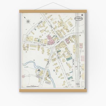 Old map wall art mockup — magnetic wood frame on white wall — Sanborn Fire Insurance Map from Attleboro, Bristol County, Massachusetts (1889), Sheet #0003