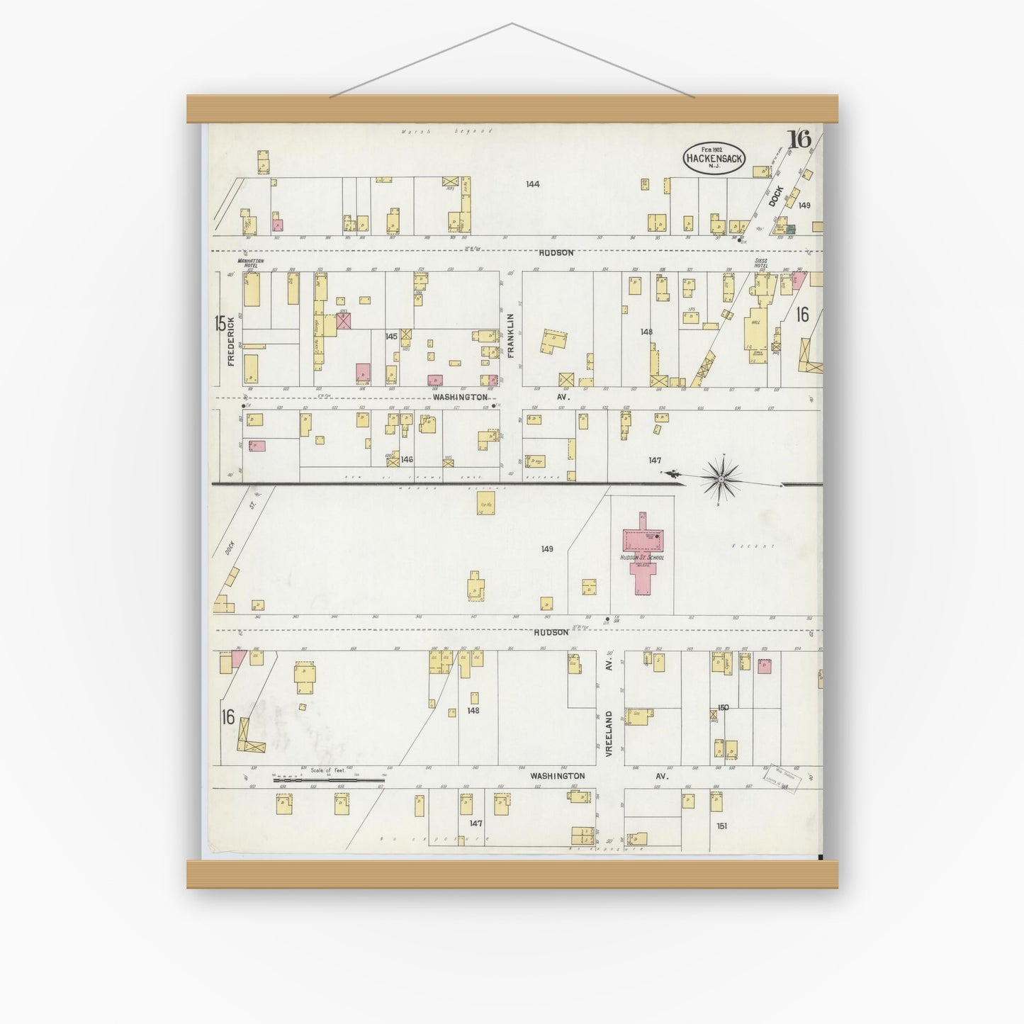 Old map wall art mockup — magnetic wood frame on white wall — Sanborn Fire Insurance Map from Hackensack, Bergen County, New Jersey (1902), Sheet #0016