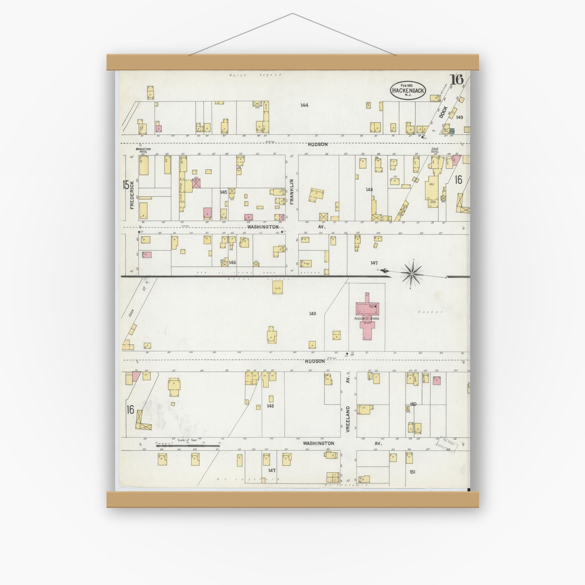 Old map wall art mockup — magnetic wood frame on white wall — Sanborn Fire Insurance Map from Hackensack, Bergen County, New Jersey (1902), Sheet #0016