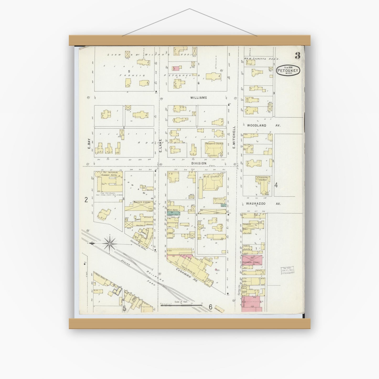 Old map wall art mockup — magnetic wood frame on white wall — Sanborn Fire Insurance Map from Petoskey, Emmet County, Michigan (1896), Sheet #0003