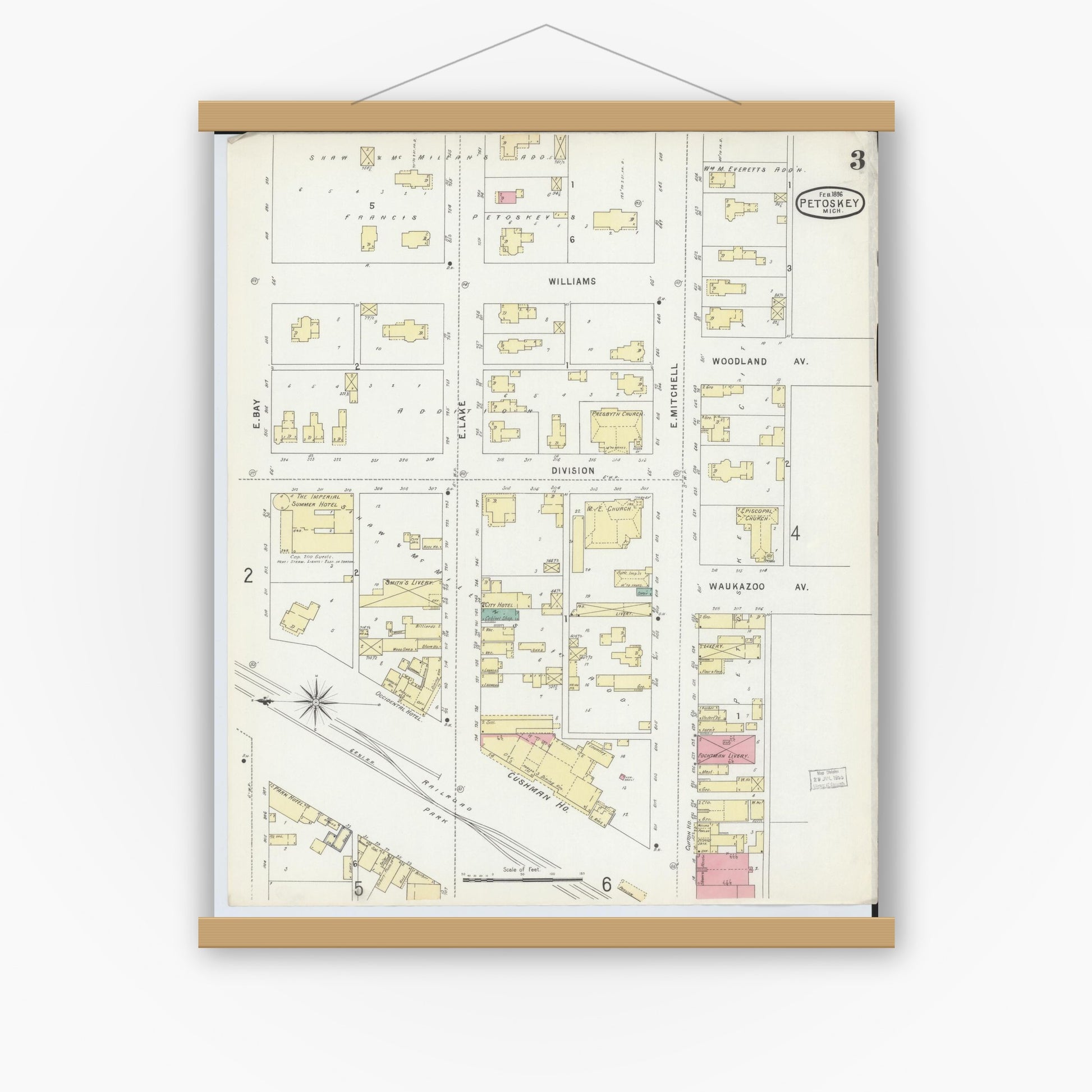 Old map wall art mockup — magnetic wood frame on white wall — Sanborn Fire Insurance Map from Petoskey, Emmet County, Michigan (1896), Sheet #0003