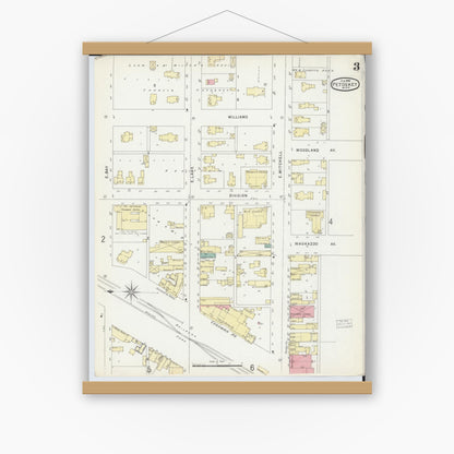 Old map wall art mockup — magnetic wood frame on white wall — Sanborn Fire Insurance Map from Petoskey, Emmet County, Michigan (1896), Sheet #0003