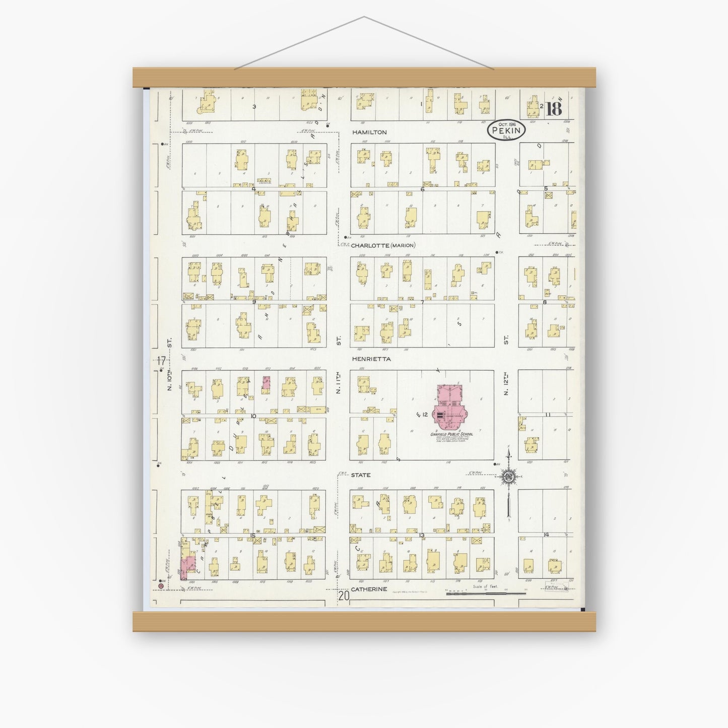 Old map wall art mockup — magnetic wood frame on white wall — Sanborn Fire Insurance Map from Pekin, Tazewell County, Illinois (1916), Sheet #0018