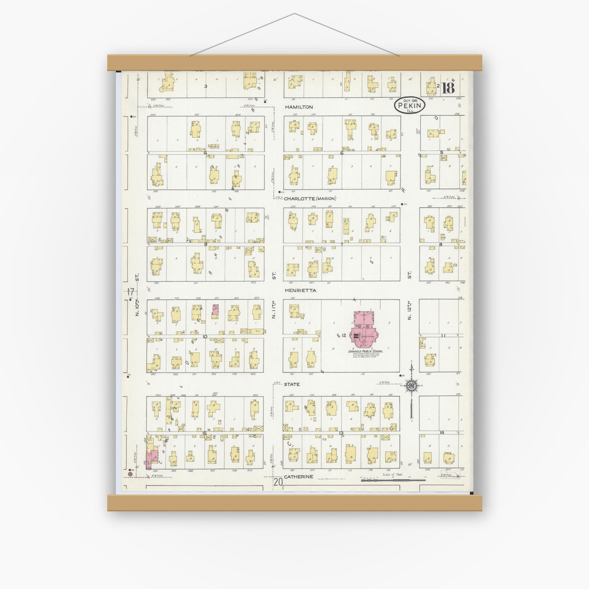 Old map wall art mockup — magnetic wood frame on white wall — Sanborn Fire Insurance Map from Pekin, Tazewell County, Illinois (1916), Sheet #0018