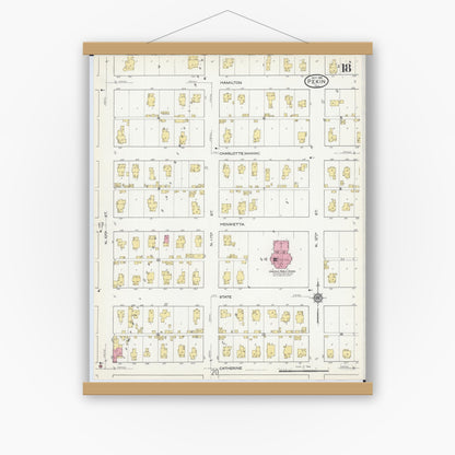 Old map wall art mockup — magnetic wood frame on white wall — Sanborn Fire Insurance Map from Pekin, Tazewell County, Illinois (1916), Sheet #0018