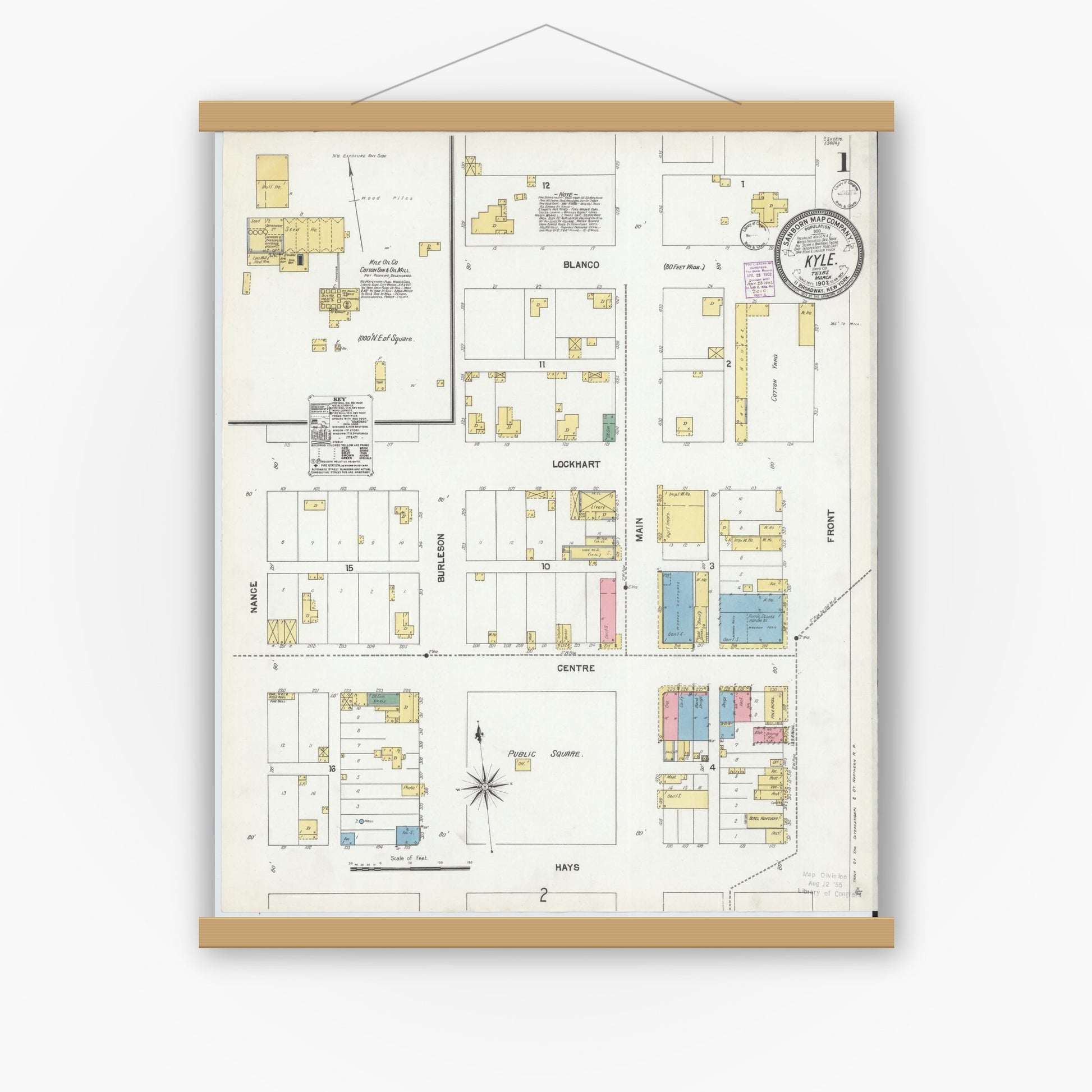 Old map wall art mockup — magnetic wood frame on white wall — Sanborn Fire Insurance Map from Kyle, Hays County, Texas (1902), Sheet #0001