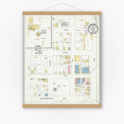 Old map wall art mockup — magnetic wood frame on white wall — Sanborn Fire Insurance Map from Kyle, Hays County, Texas (1902), Sheet #0001