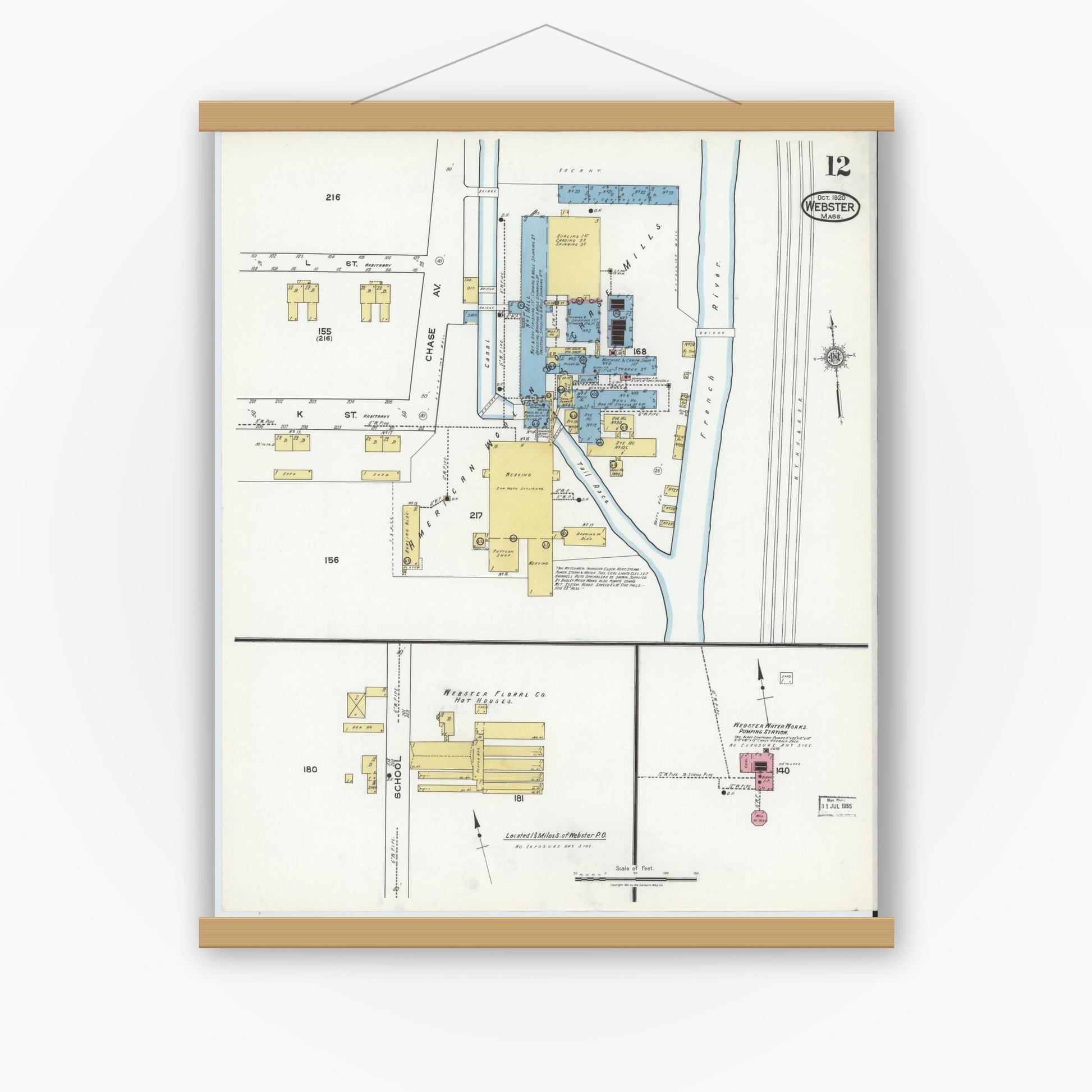 Old map wall art mockup — magnetic wood frame on white wall — Sanborn Fire Insurance Map from Webster, Worcester County, Massachusetts (1920), Sheet #0012