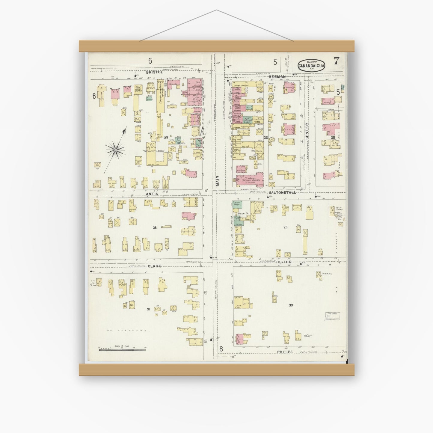 Old map wall art mockup — magnetic wood frame on white wall — Sanborn Fire Insurance Map from Canandaigua, Ontario County, New York (1897), Sheet #0007