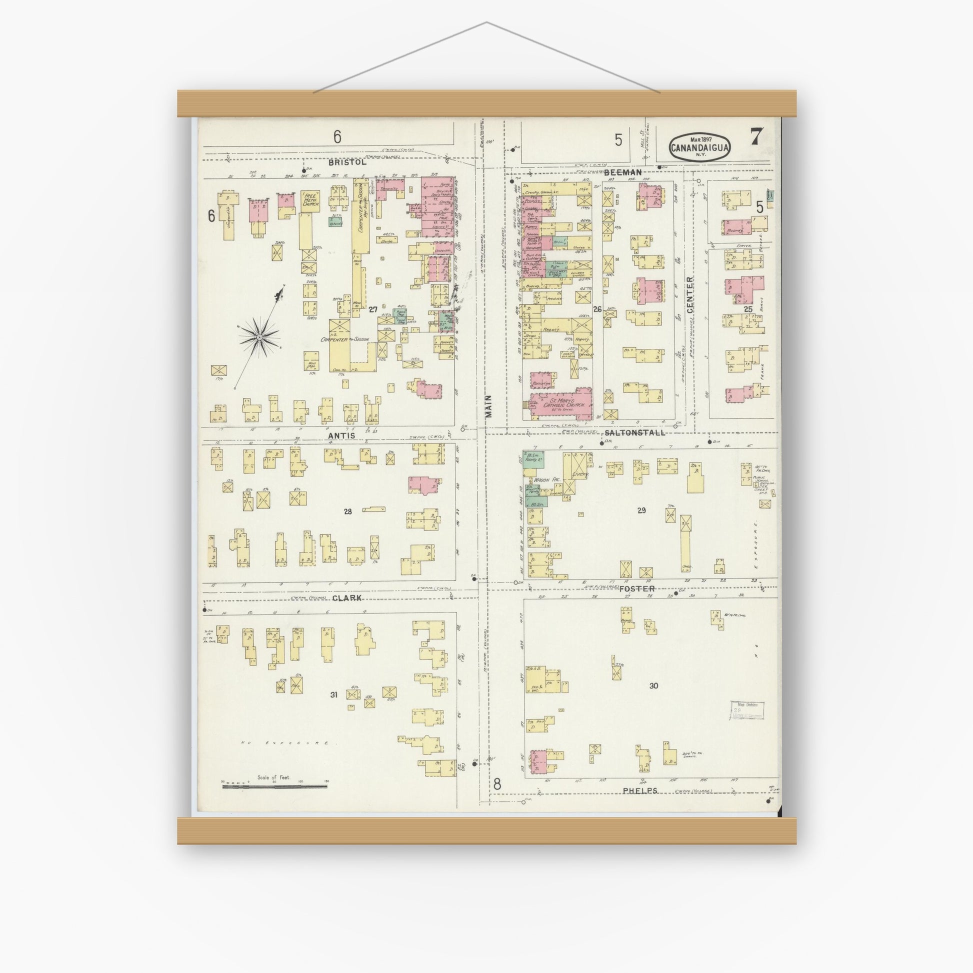 Old map wall art mockup — magnetic wood frame on white wall — Sanborn Fire Insurance Map from Canandaigua, Ontario County, New York (1897), Sheet #0007
