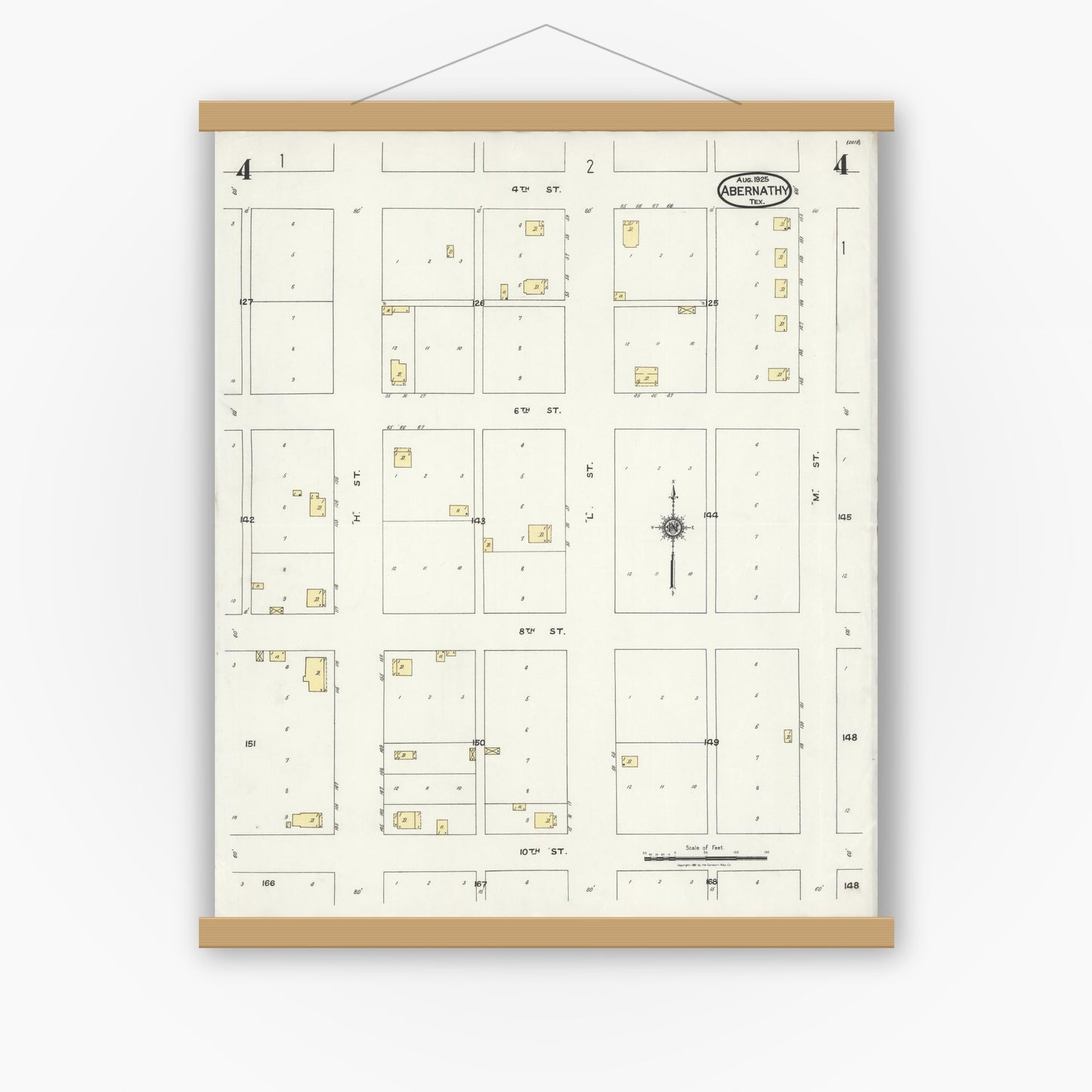 Old map wall art mockup — magnetic wood frame on white wall — Sanborn Fire Insurance Map from Abernathy, Hale County, Texas (1925), Sheet #0004