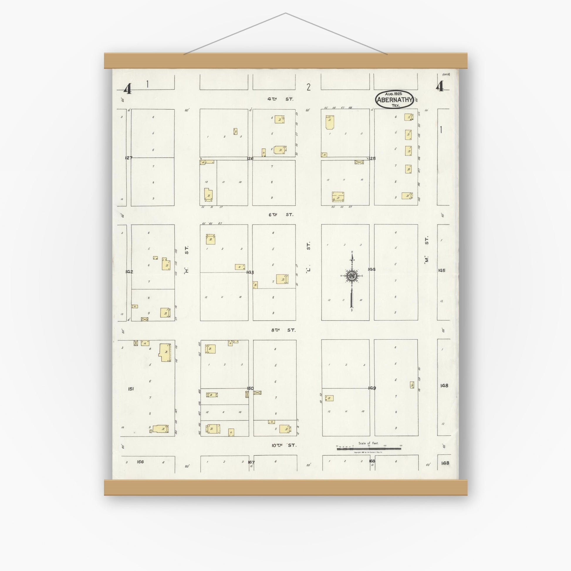 Old map wall art mockup — magnetic wood frame on white wall — Sanborn Fire Insurance Map from Abernathy, Hale County, Texas (1925), Sheet #0004