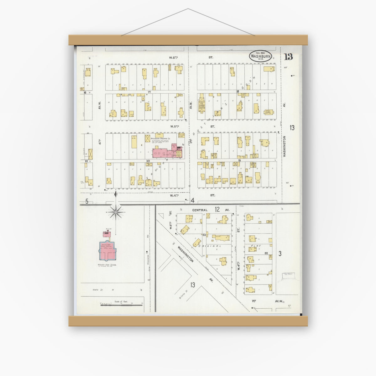 Old map wall art mockup — magnetic wood frame on white wall — Sanborn Fire Insurance Map from Washburn, Bayfield County, Wisconsin (1904), Sheet #0013