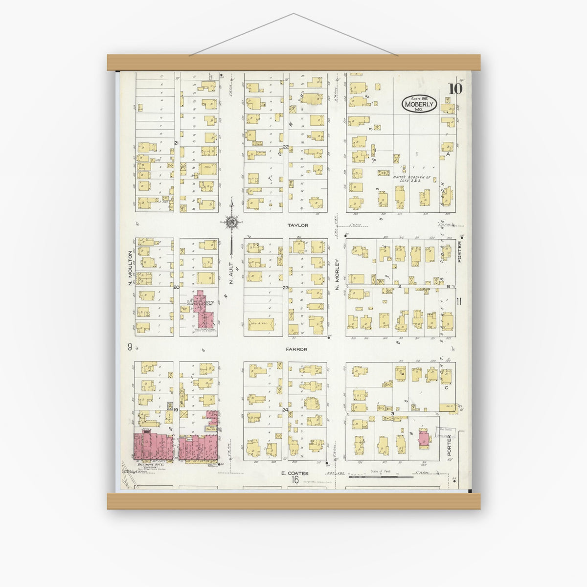 Old map wall art mockup — magnetic wood frame on white wall — Sanborn Fire Insurance Map from Moberly, Randolph County, Missouri (1916), Sheet #0010