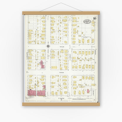Old map wall art mockup — magnetic wood frame on white wall — Sanborn Fire Insurance Map from Moberly, Randolph County, Missouri (1916), Sheet #0010