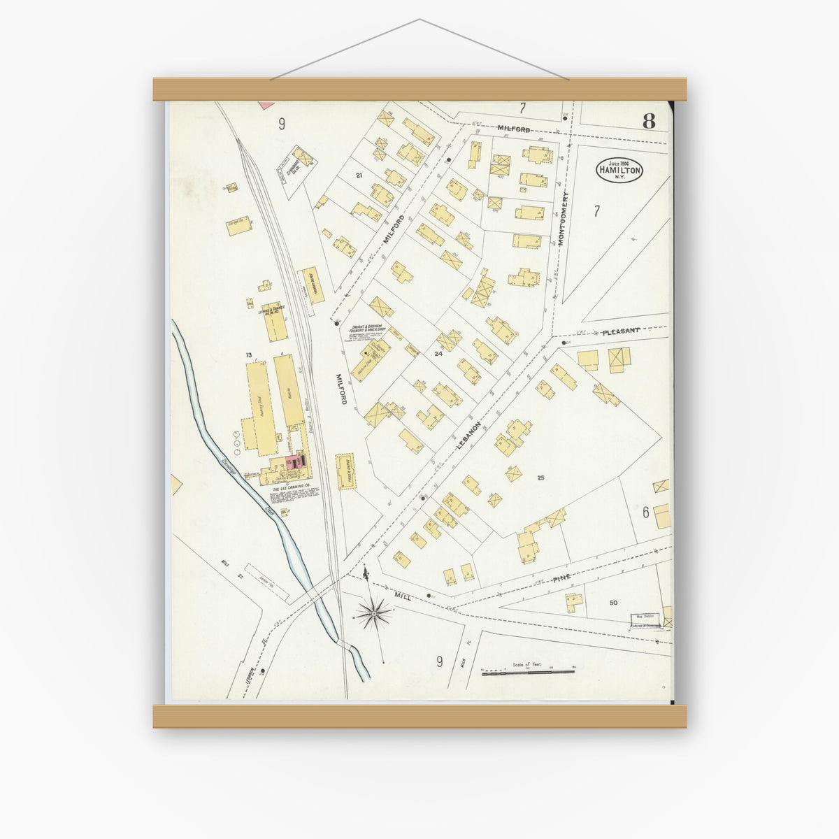 Old map wall art mockup — magnetic wood frame on white wall — Sanborn Fire Insurance Map from Hamilton, Madison County, New York (1906), Sheet #0008