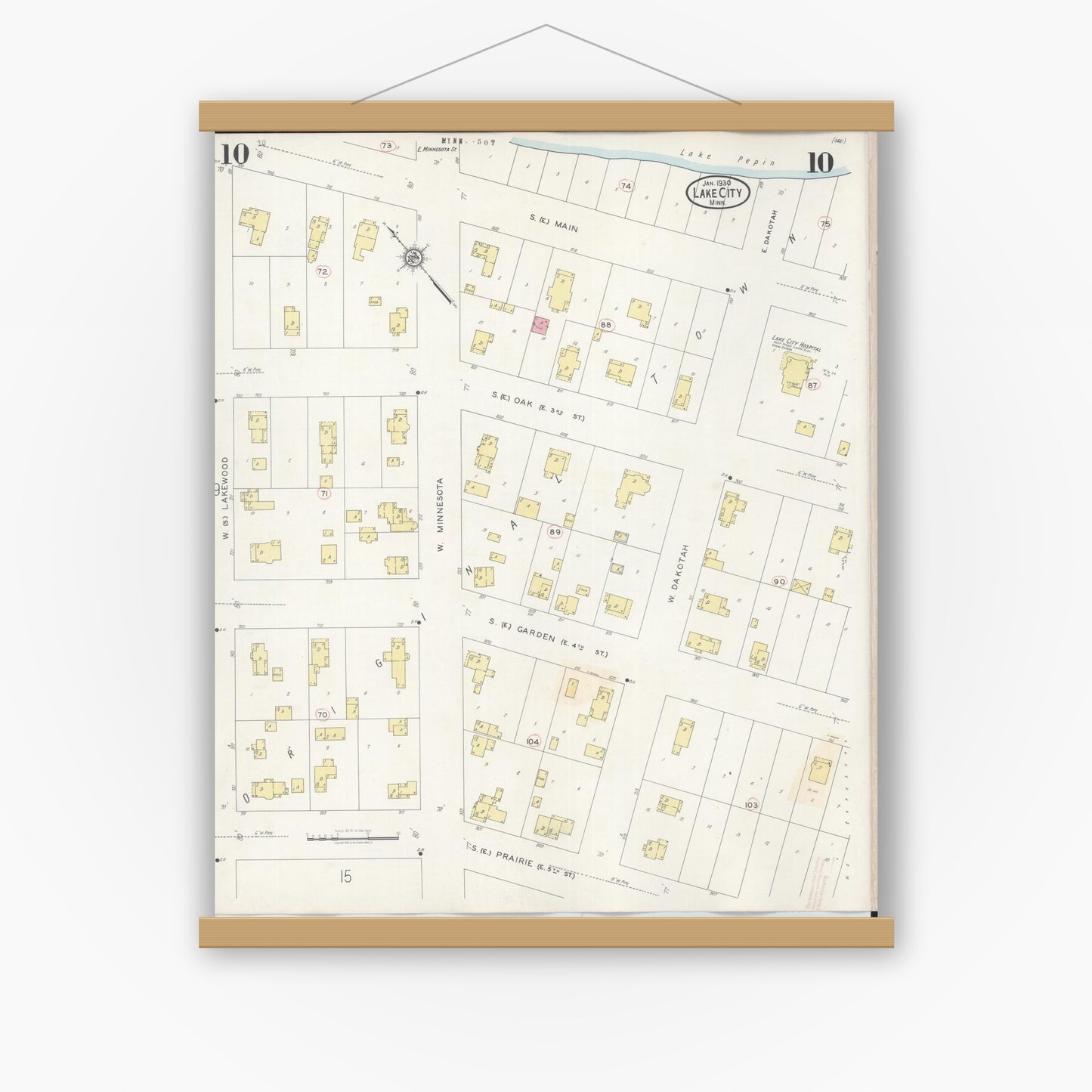 Old map wall art mockup — magnetic wood frame on white wall — Sanborn Fire Insurance Map from Lake City, Wabasha County, Minnesota (1938), Sheet #0010