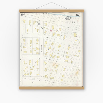 Old map wall art mockup — magnetic wood frame on white wall — Sanborn Fire Insurance Map from Lake City, Wabasha County, Minnesota (1938), Sheet #0010