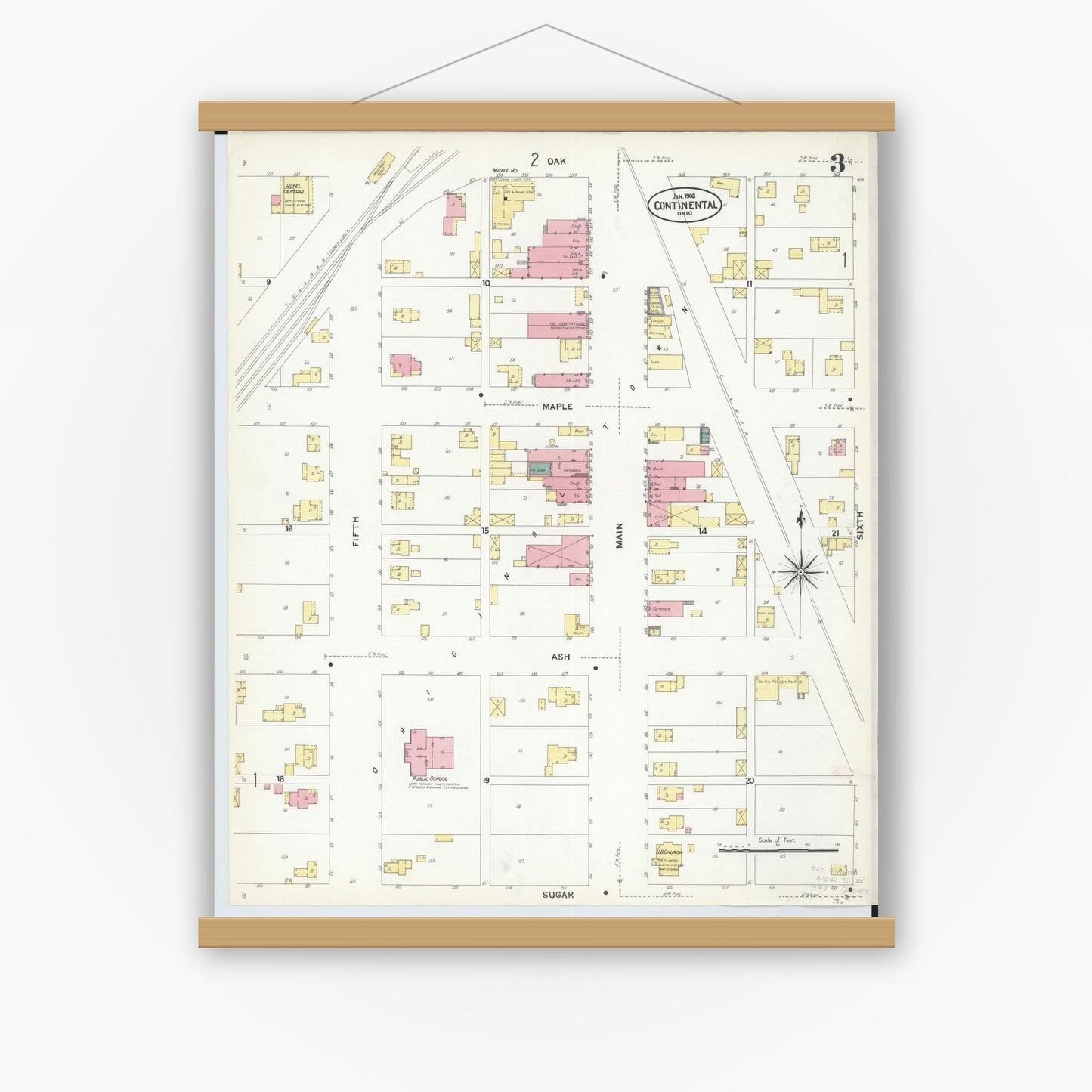 Old map wall art mockup — magnetic wood frame on white wall — Sanborn Fire Insurance Map from Continental, Putnam County, Ohio (1908), Sheet #0003