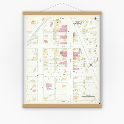 Old map wall art mockup — magnetic wood frame on white wall — Sanborn Fire Insurance Map from Continental, Putnam County, Ohio (1908), Sheet #0003