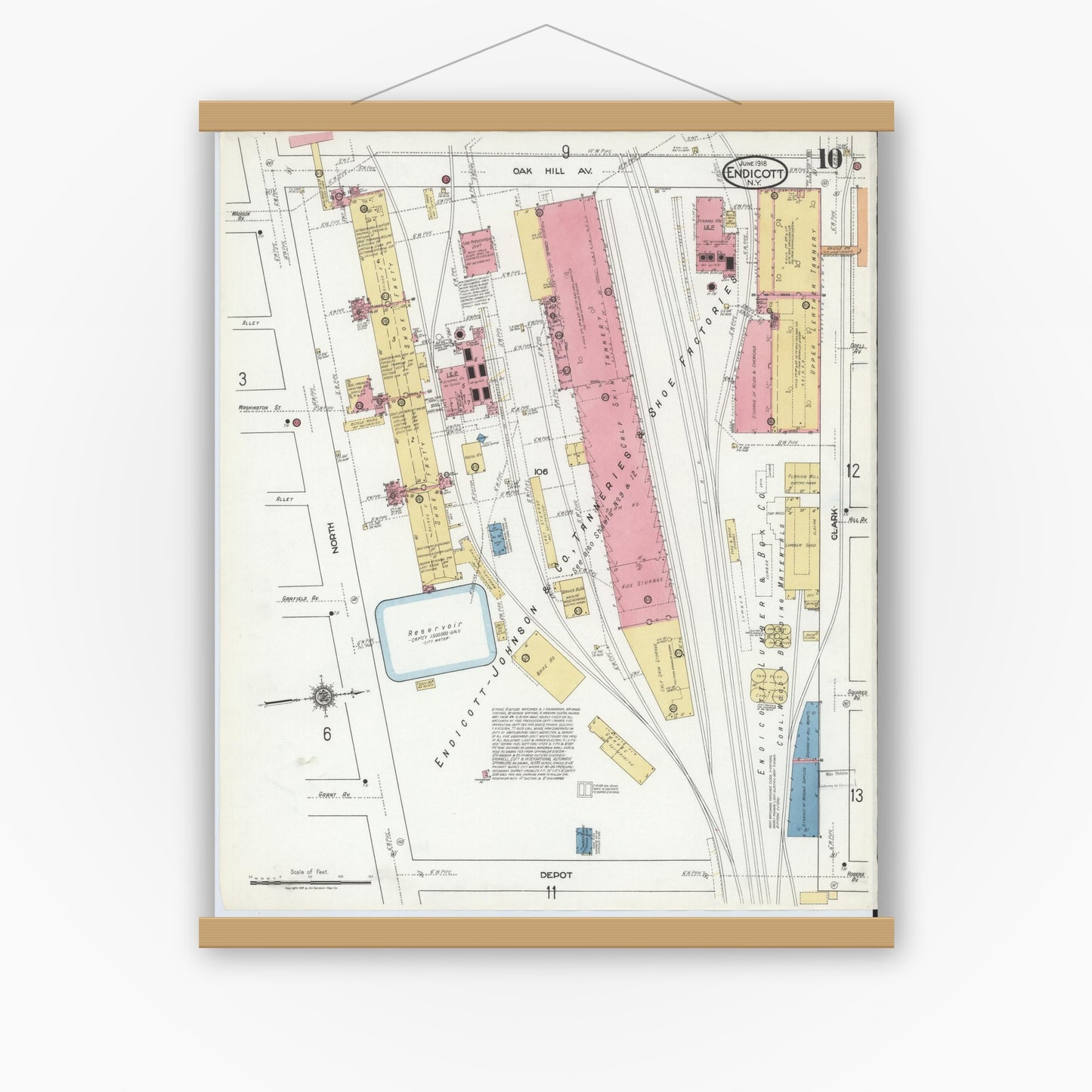 Old map wall art mockup — magnetic wood frame on white wall — Sanborn Fire Insurance Map from Endicott, Broome County, New York (1918), Sheet #0010